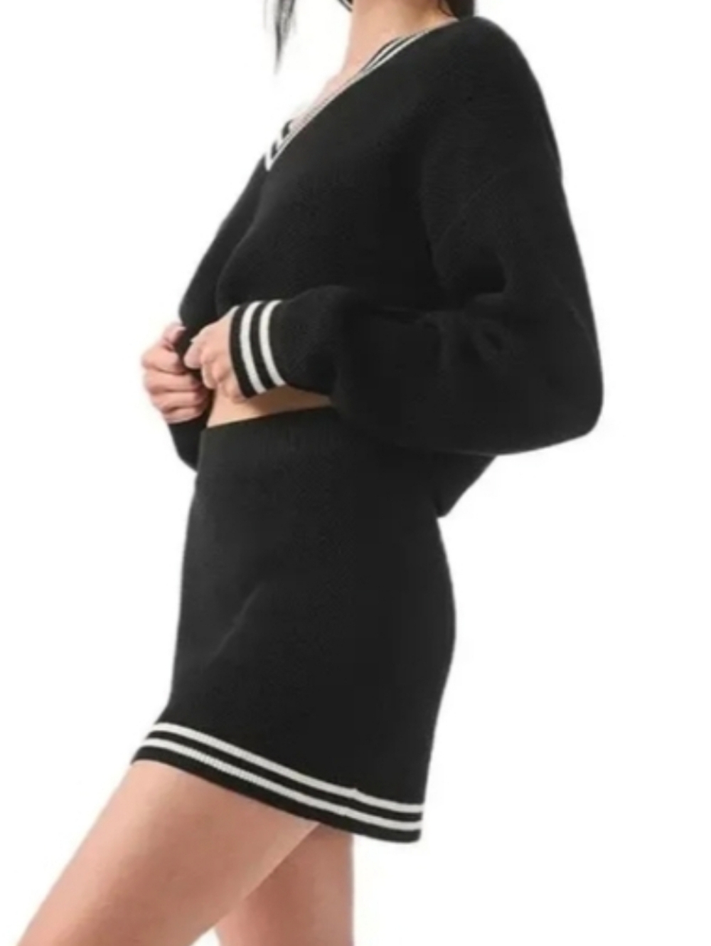 Sincerely Jules Black V-Neck Cropped Sweater with White Stripe - Picture 2 of 4
